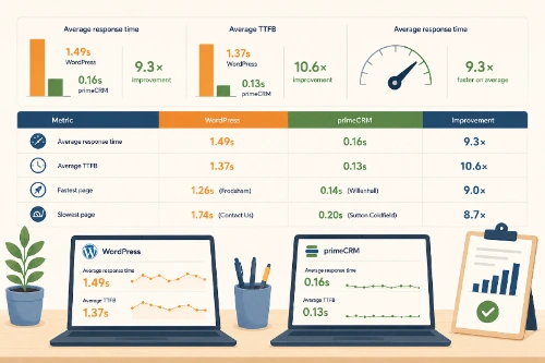 Ein Benchmark mit 15 passenden Seiten zeigte, dass die neue ATKDA-Website auf primeCRM HTML im Schnitt 9,3-mal schneller auslieferte als die bisherige WordPress-Seite, bei einer 10,6-mal schnelleren Serververarbeitung.
