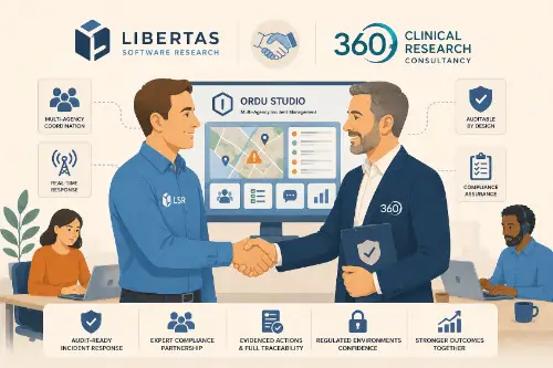 Libertas Software Research ir noslēgusi partnerību ar 360 Clinical Research Consultancy, ienesot neatkarīgu audita un atbilstības ekspertīzi tajā, kā tiek veidota, dokumentēta un ekspluatēta ORDU Studio — LSR daudzaģentūru incidentu pārvaldības platforma.