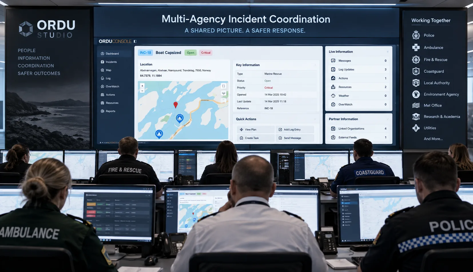 Sala de control de incidentes multiagencia coordinando servicios de emergencia y datos externos